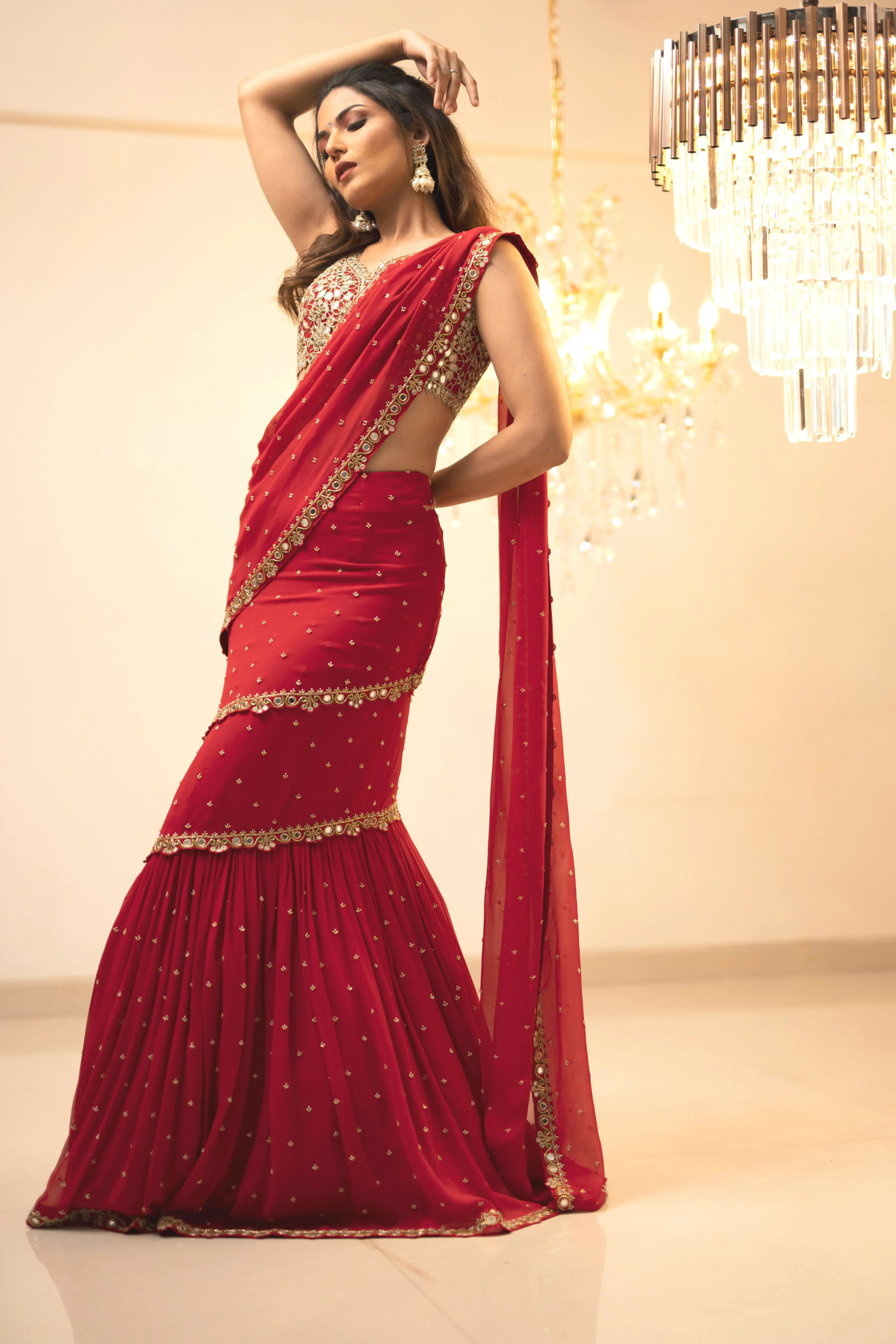 Red Solid Drape Saree Set