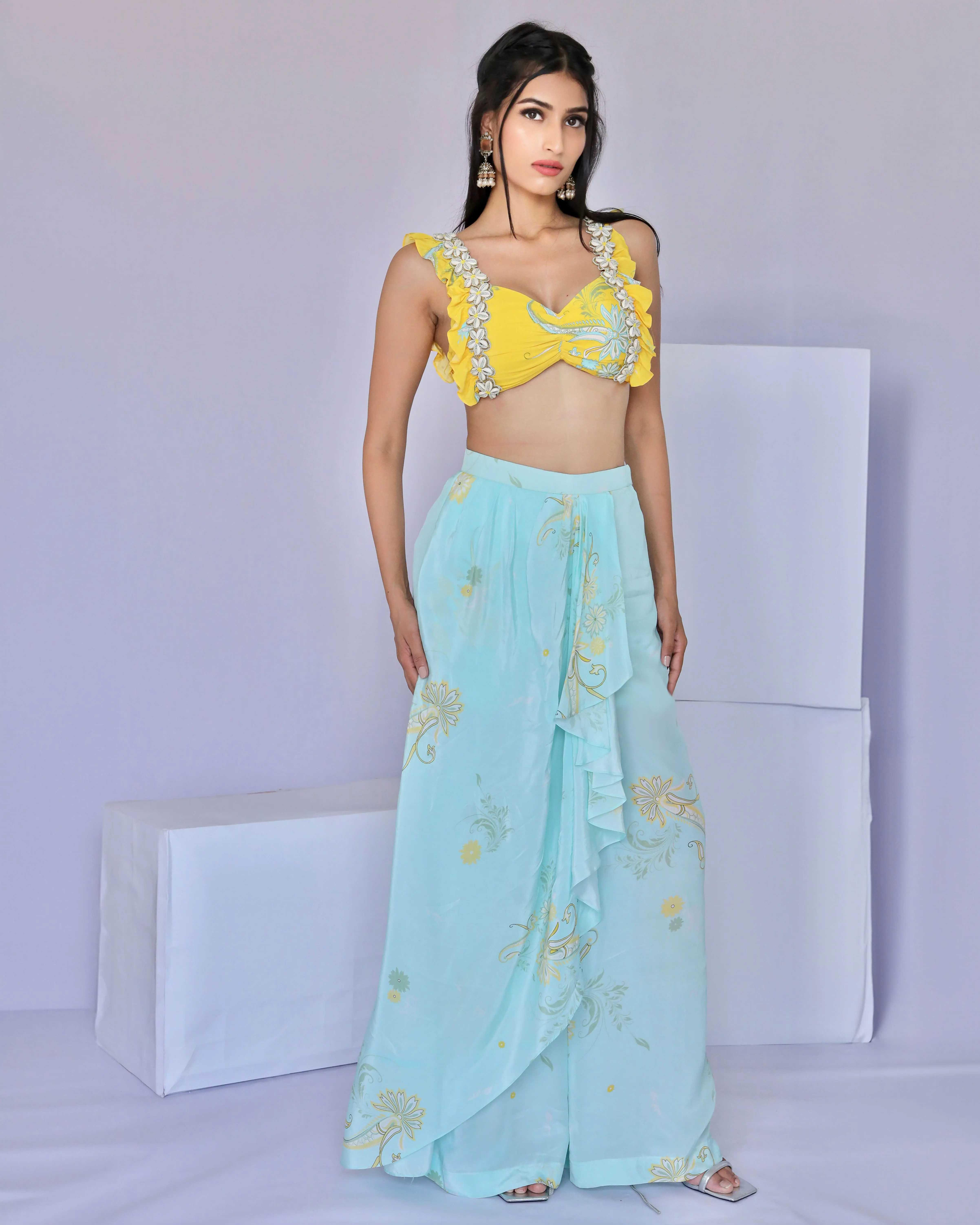 Blue and Yellow Paisley Print Dhoti pant Set 