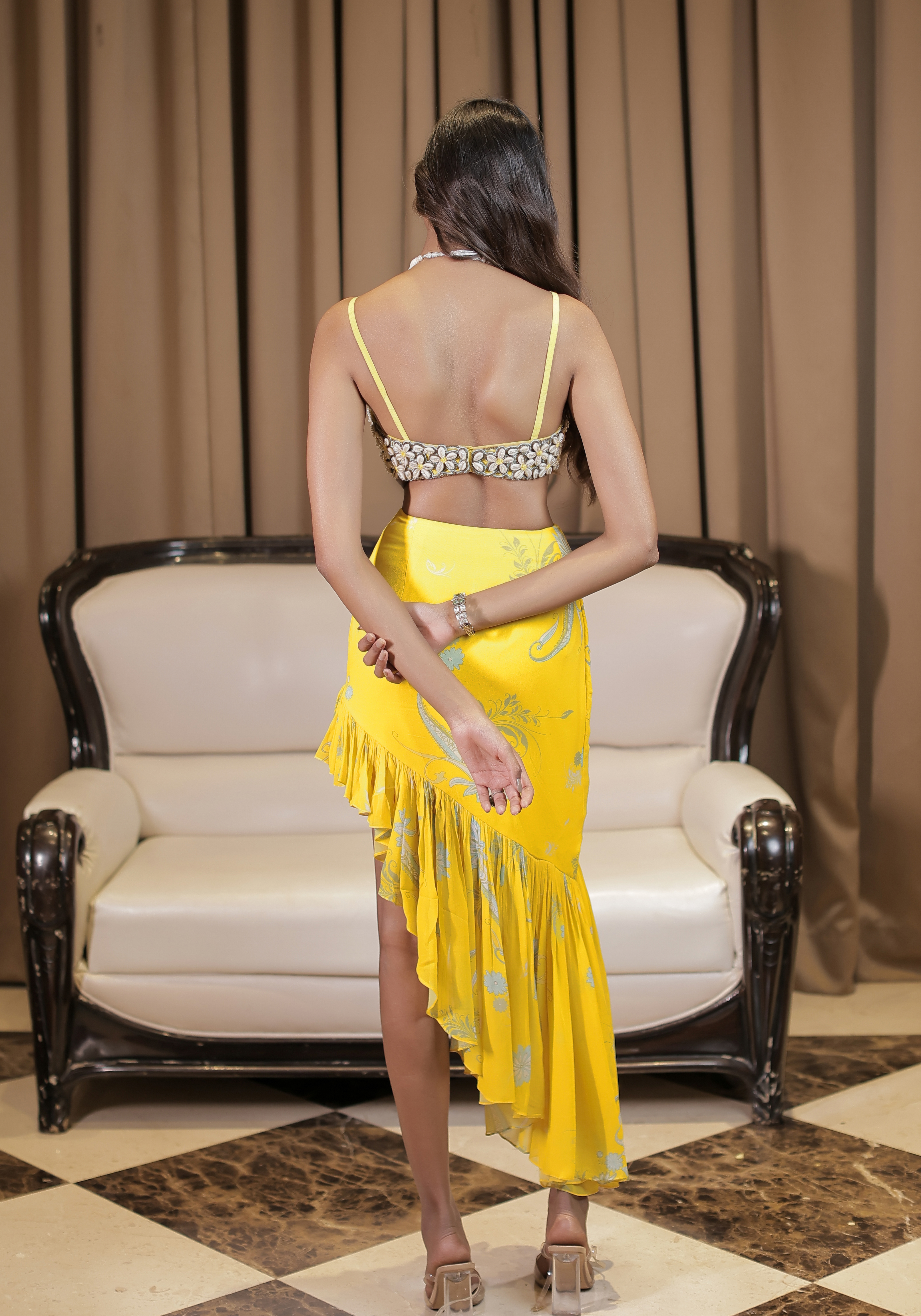 Yellow Cowrie Embroidered Bralette Skirt Set