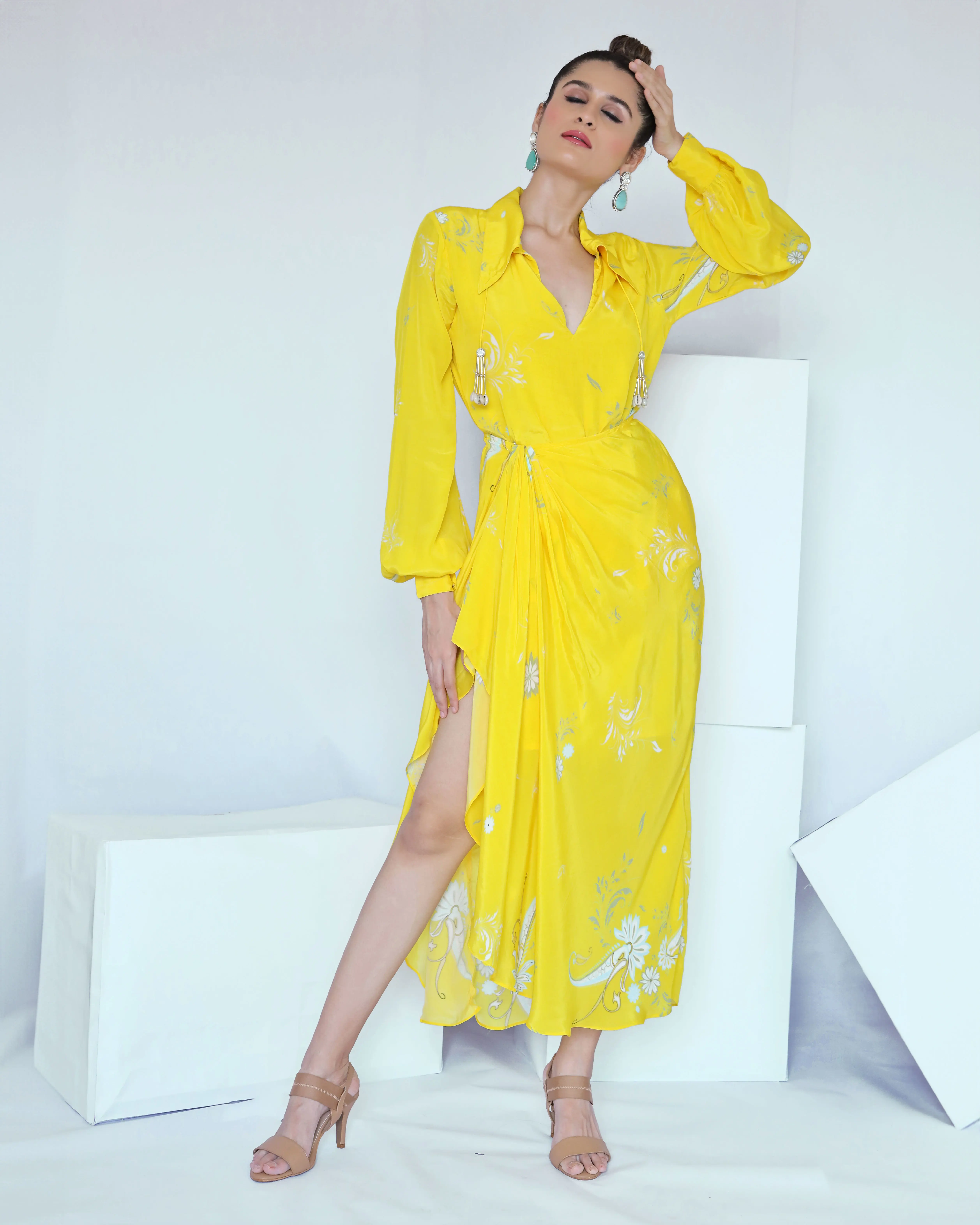Yellow Paisley Print Wrap Dress