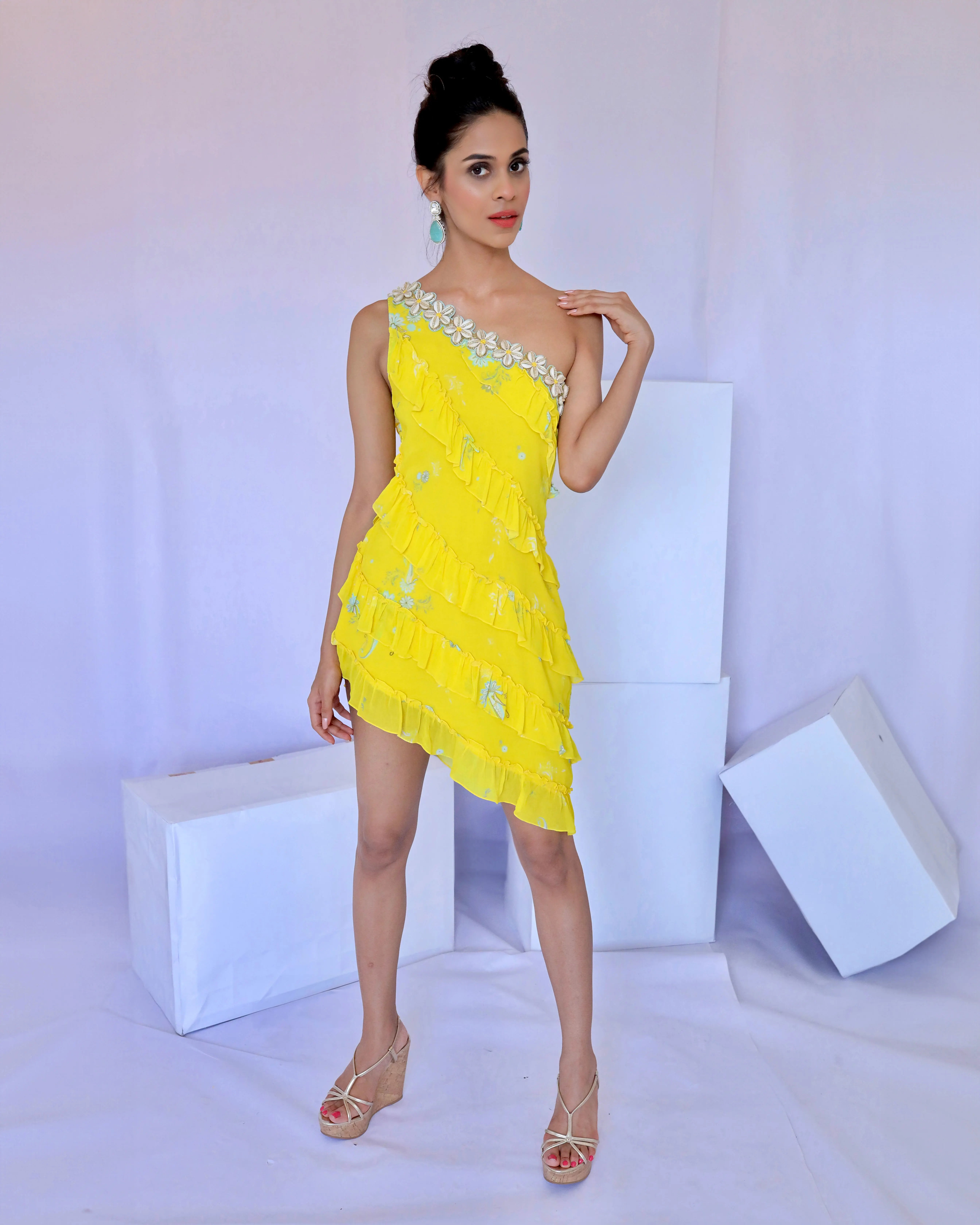 Yellow Print Ruffle Dress