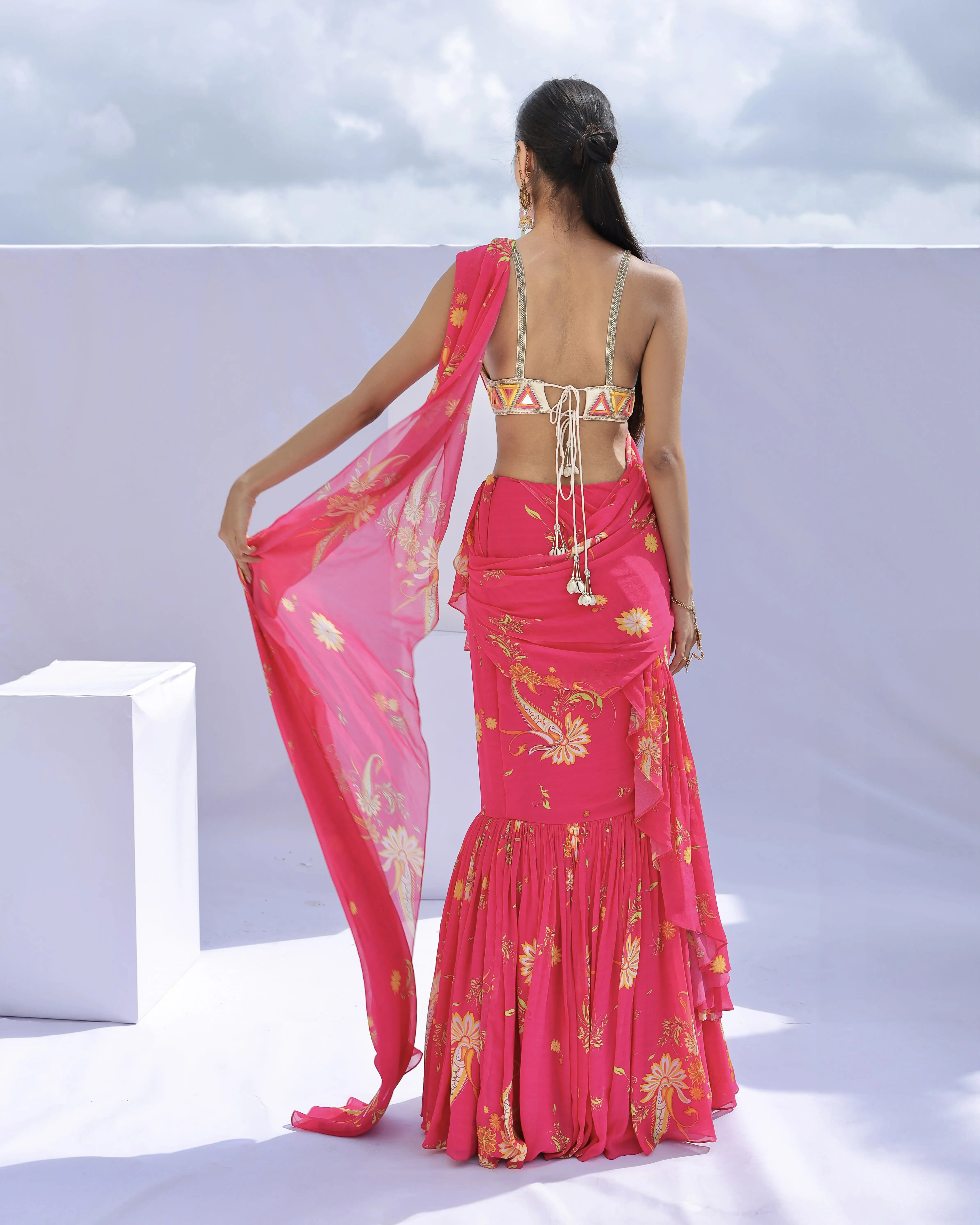 Magenta Paisley Print Ruffle Drape Sari Set