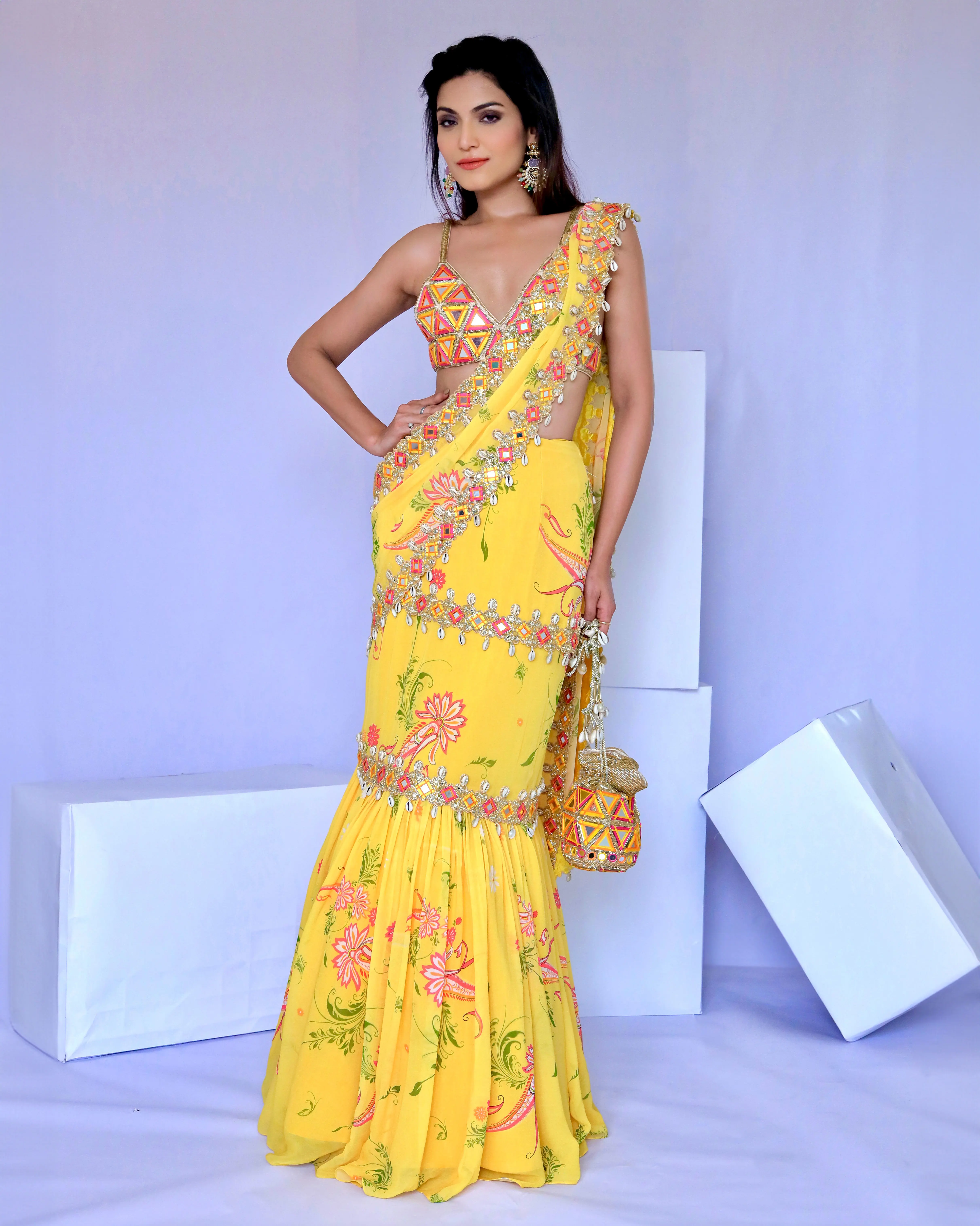 Yellow Paisley Print Drape Embroidered Sari Set